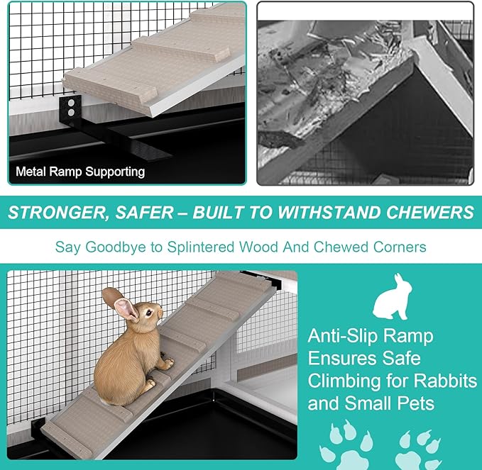 2-Tier Rabbit Hutch with Wheels, Indoor & Outdoor Small Animal Cage with Deep Pull-Out Tray, Anti-Chew Frame, Habitat for Bunny, Guinea Pig, Chinchilla (60" L x 19" W x 35" H)-PawvioPets