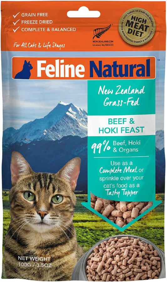 Feline Natural High Protein Dry Cat Food, Freeze-Dried Diet with 98% Meat, Organs & Seafood, No Peas, Grains, or Artificial Additives, Made in New Zealand Beef & Hoki, 3.5oz-PawvioPets