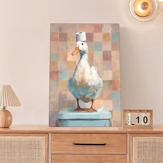 Funny Duck Bathroom Wall Art Cute Duck on Toilet Canvas Wall Decor Funny Quirky Farm Animal Pictures Painting Print Framed Artwork Decorations Gifts for Bathroom 16"x24"-PawvioPets
