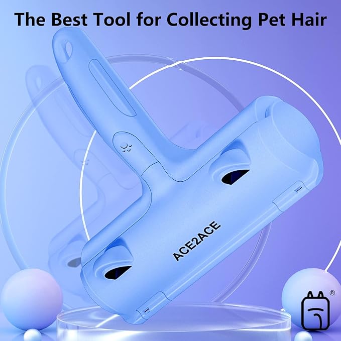 ACE2ACE Pet Hair Removal Tool, Lint Roller Brush for Cats and Dogs, Reusable Self Clean Pet Fur Remover, Pet Hair Remover for Laundry, Carpet, Furniture, Couch, Sofa and Bedding (Blue)-PawvioPets