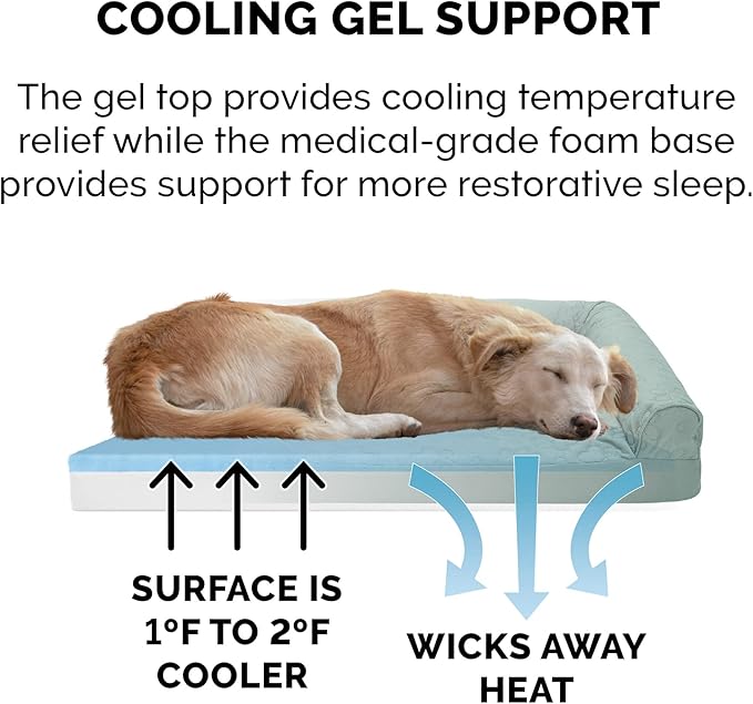 Furhaven Cooling Gel Dog Bed for Large Dogs w/ Removable Bolsters & Washable Cover, For Dogs Up to 95 lbs - Pinsonic Quilted Paw L Shaped Chaise - Iceberg Green, Jumbo/XL-PawvioPets