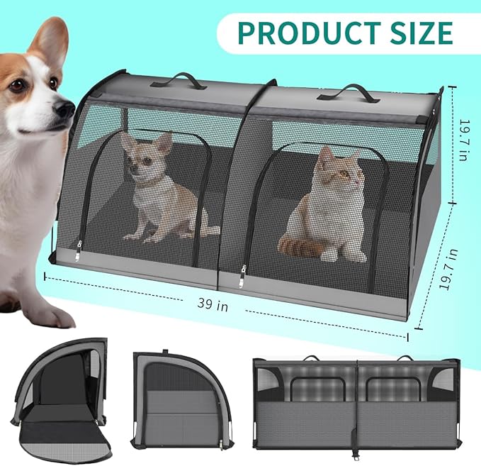 Double Cat Car Travel Carrier, Twin Compartment Show House Cat Cage/Condo，Portable Pet Crate for 2 Cats Travel Double Dog Crate Set for Long Distance Travel-PawvioPets