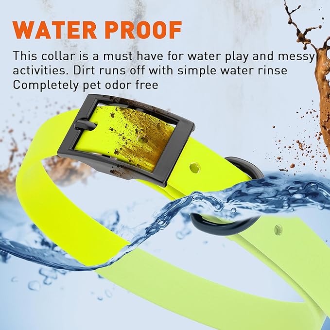 Dogline Biothane Waterproof Dog Collar Strong Coated Nylon Webbing with Black Hardware Odor- Proof for Easy Care Easy to Clean High Performance Fits Small Medium or Large Dogs, Safety Yellow-PawvioPets