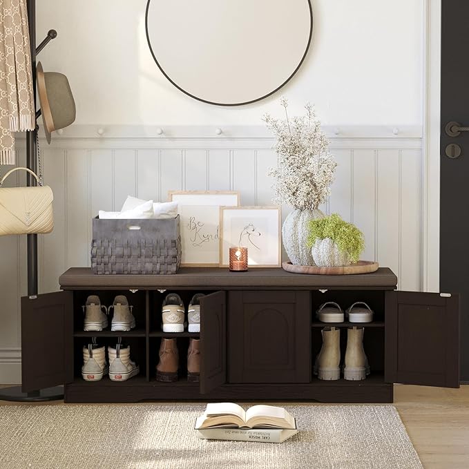 DINZI LVJ Shoe Bench, Entryway Storage Bench with Doors, Cushion, 2-Tier Shoe Rack with 8-Cubby, 47.2”L x 13.8”W Shoe Organizer Cabinet, Adjustable Shelf, Living Room, Bedroom, Espresso-PawvioPets