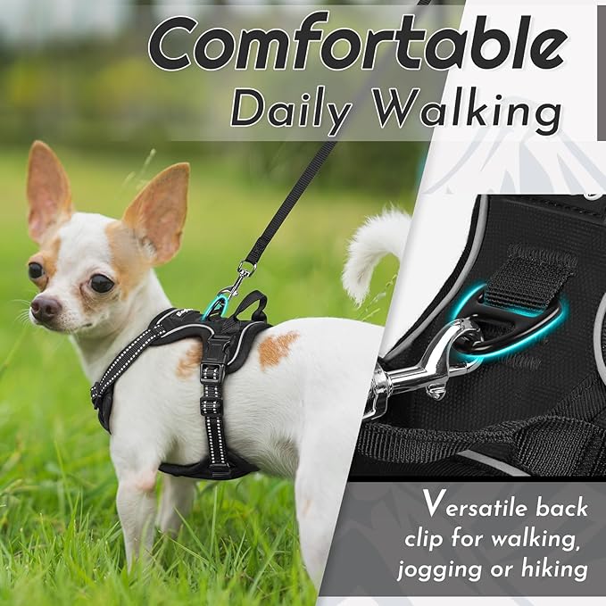 Eagloo Small Dog Harness No Pull, Service Vest with Reflective Strips and Control Handle, Adjustable and Comfortable for Easy Walking, No Choke Pet Harness with 2 Metal Rings, Black, XS-PawvioPets