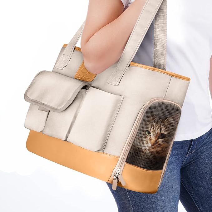 Dog Carrier, Cat Carrier, Pet Carrier, Foldable Waterproof Premium PU Leather Oxford Cloth Dog Purse, Portable Tote Bag Carrier for Small to Medium Cats and Small Dogs-PawvioPets