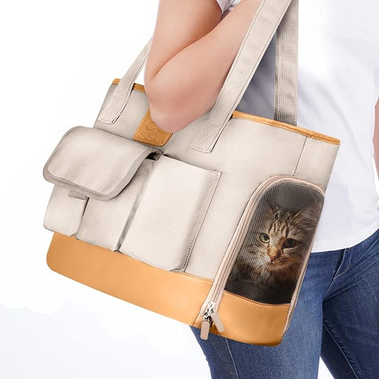 Dog Carrier, Cat Carrier, Pet Carrier, Foldable Waterproof Premium PU Leather Oxford Cloth Dog Purse, Portable Tote Bag Carrier for Small to Medium Cats and Small Dogs-PawvioPets