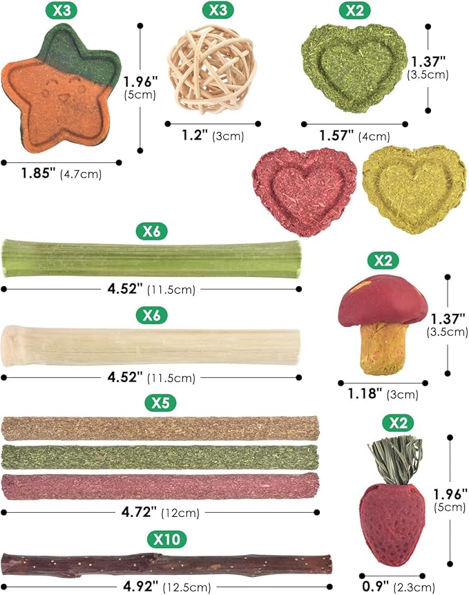 ERKOON 53 Bunny Chew Toys for Rabbits Teeth, Natural Rabbit Toys Apple Wood Sticks, Carrot, Timothy Grass for Small Pets, Hamster, Chinchilla, Guinea Pig Dental Care and Treat Teething(53)-PawvioPets