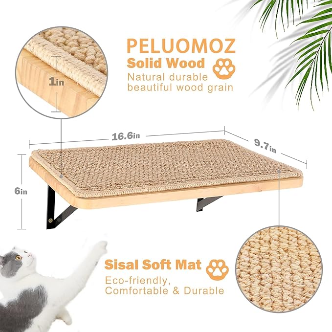 2PCS Cat Wall Shelves with Scratching Mat, 16.6x9.7 Inch Large Cat Wall Hammock Cats Furniture Shelf Window Perch Wall Mounted Beds for Household Pets Sleeping, Playing, Climbing-PawvioPets