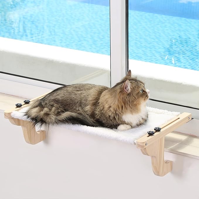 Easy Seat Cat Perch for Window Sill - Hammock Design w/Pine Wood & Robust Metal Frame - Cat Window Seat for Large Cats and Kittens (Natural Color Wood w/White Bed, Medium (23''W x 14''D))-PawvioPets