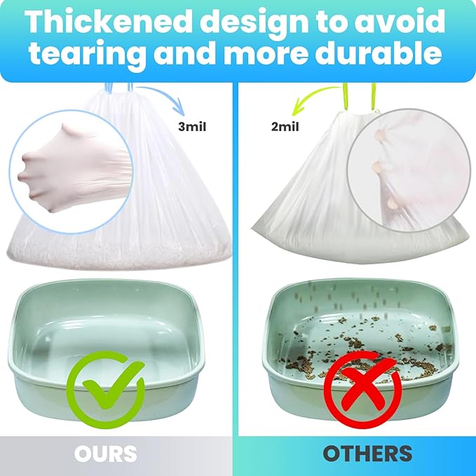 60 Pack Large Cat Litter Bags - 3MIL Extra Thick Leakproof Litter Box Liners, 31"x18" Heavy Duty Drawstring Cat Litter Liners for Automatic Litter Box, Odor Control Disposable Kitty Litter Bags 6 Roll-PawvioPets