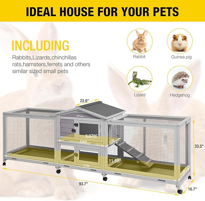 Aivituvin Rabbit Hutch Large 2-Story Bunny Cage Indoor Outdoor on Wheels Bunny House with Run,Pull-Out Tray-PawvioPets
