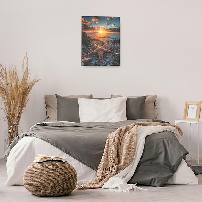 Beach Starfish Wall Decor Ocean Starfish Wall Art Sunset Scenery Coastal Theme Pictures Canvas Nature Seascape Painting Print Framed Artwork Decorations for Home Bathroom Living Room Bedroom Office 16"x20"-PawvioPets