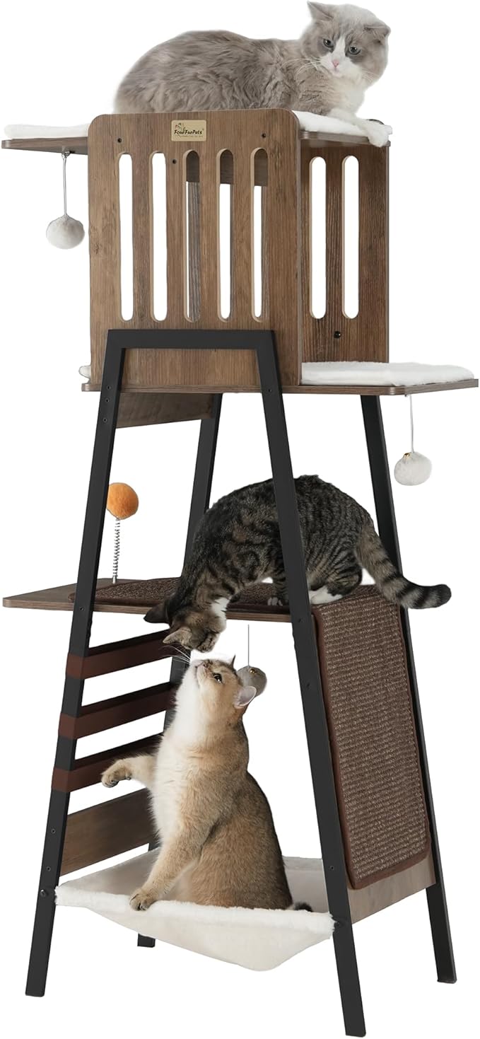 FourFurPets Modern Cat Tree, 58-Inch Cat Tower for Large Cats, Maine Coon Cat Tree with Scratching Board, Large Perch, Hammock and Removable Pads, Greige-PawvioPets