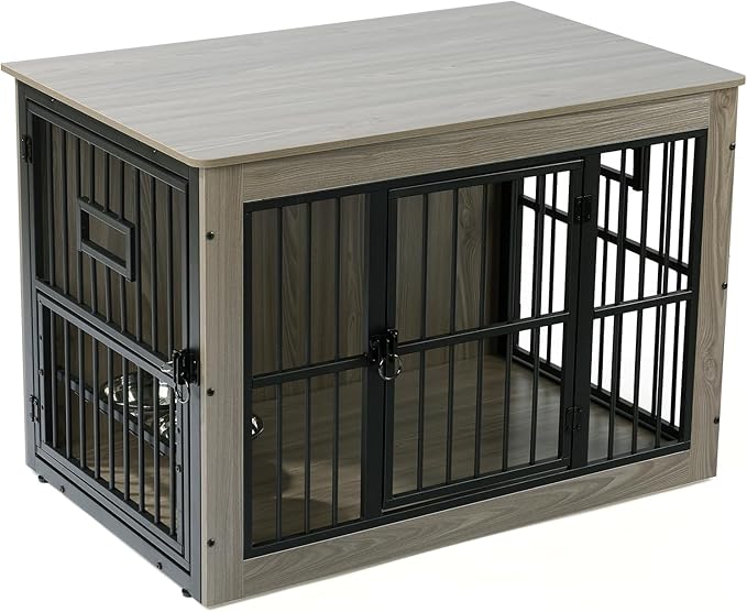 Gardner Pet Dog Crate Furniture for Medium Dogs, 38.8 Inch Dog Kennel Indoor, Wooden Dog Cage End Table with 2 Removable Bowls, Heavy Duty Dog Crate, Rustic Grey-PawvioPets