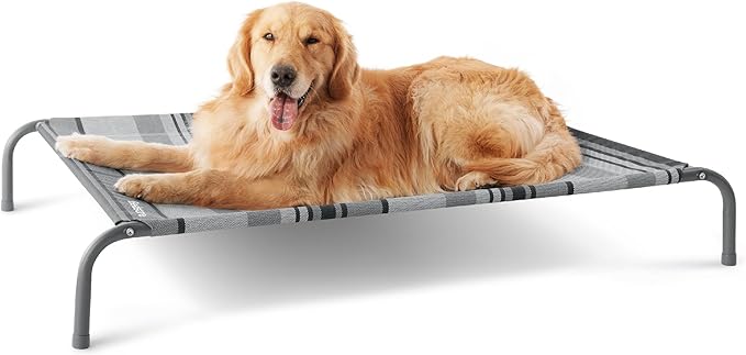 Bedsure Outdoor Elevated Dog Bed Large Sized Dog, Portable Indoor & Outdoor Cooling Raised Cot Pet Hammock Bed with Skid-Resistant Feet, Frame with Breathable Mesh, Striped Grey, 49 inches-PawvioPets
