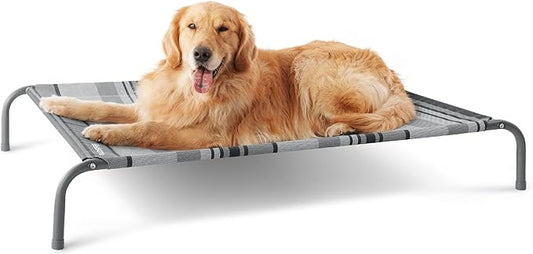 Bedsure Outdoor Elevated Dog Bed Large Sized Dog, Portable Indoor & Outdoor Cooling Raised Cot Pet Hammock Bed with Skid-Resistant Feet, Frame with Breathable Mesh, Striped Grey, 49 inches-PawvioPets