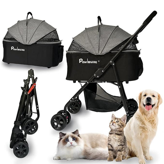 4 Wheels Pet Stroller 4 in 1 Pet Stroller with Detachable Carrier for Small & Medium Dogs Cats up to 55 lbs Easy-Folding Travel Dog Wagon with Car Seat Breathable Mesh,Gray-PawvioPets