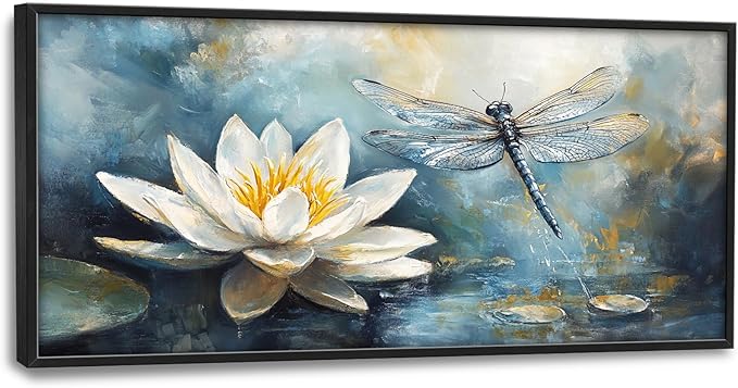 Extra Large Lotus Dragonfly Framed Wall Art for Living Room,Abstract Blue Lotus Flower Lake Pictures Wall Decor,Nature Canvas Print Painting Modern Artwork Bedroom Office Bathroom 60L" x 30W"-PawvioPets