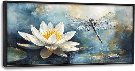 Extra Large Lotus Dragonfly Framed Wall Art for Living Room,Abstract Blue Lotus Flower Lake Pictures Wall Decor,Nature Canvas Print Painting Modern Artwork Bedroom Office Bathroom 60L" x 30W"-PawvioPets