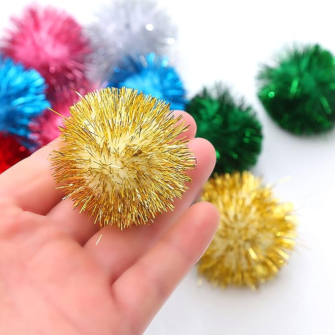 20 Pack 2 Inches Sparkle Balls for Cats, Large Size, Glitter Pom Poms Fuzzy Balls for Cats, Kitten Indoor Assorted Color Random-PawvioPets