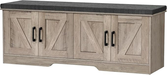 2-Tier Storage Bench, Shoe Bench with Padded Seat Cushion, Entryway Bench with 4 Barn Doors, Adjustable Shelf, 13.8" D x 47.2" W x 17.7" H, for Entryway, Living Room, Bedroom, Greige-PawvioPets