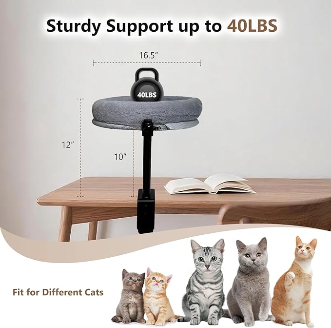 Cat Desk Bed with Summer Colling Mat, 360° Rotating & Height Adjustable Indoor Cat Nest, Large Desktop Cats Perch for Home Offcice Space Saving, Supports Up to 40 lbs, Machine Washable Removable Cover-PawvioPets