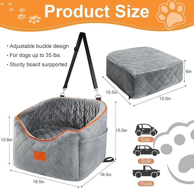 Dog Car Seat for Small Dogs, Memory Foam Booster Dog Seat for Dogs up to 35 lbs, Elevated Pet Car Seat with Washable Removable Cover, Storage Pockets (Gray)-PawvioPets
