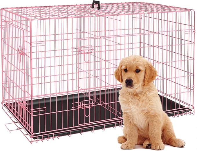 BestPet | Dog Crate | 24" | Pink | Foldable Metal Kennel with Double Doors, Secure Slide-Bolt Latches, Leakproof Tray | Portable Dog Cage for Small Breeds | for Travel, Indoor & Outdoor Use-PawvioPets