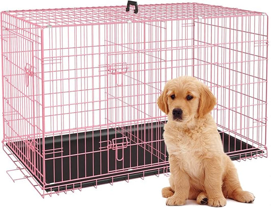 BestPet | Dog Crate | 24" | Pink | Foldable Metal Kennel with Double Doors, Secure Slide-Bolt Latches, Leakproof Tray | Portable Dog Cage for Small Breeds | for Travel, Indoor & Outdoor Use-PawvioPets