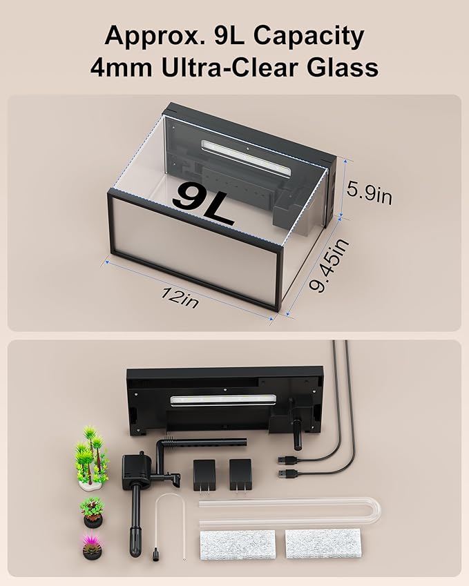 Fish Tank with Desktop Humidifier, 2.38 Gallon Quiet Eco Aquarium,Smart Touch LED Light & Temperature Display, Glass Mini Fish Tank-PawvioPets