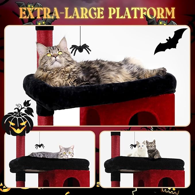 Globlazer Heavy Duty Gothic Cat Tree, 72in Large Cat Tower with Coffin Bed, Sturdy Maine Coon Cat Tree for Large Cats 20 lbs+, Medieval Castle Style with 6 Scratching Posts & Hammock, S72, Black & Red-PawvioPets