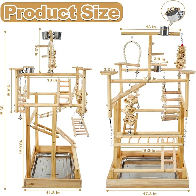 Bird Playground - Natural Wood Parrot Playstand with Perches, Bird Play Gym & Accessories, Removable Tray & 4 Stainless Steel Cups-PawvioPets