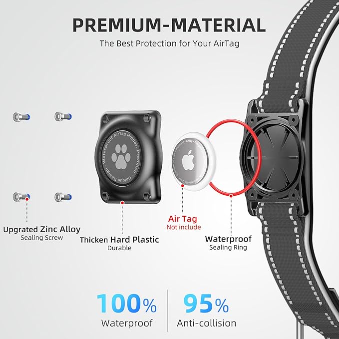 Airtag Dog Collar - 100% Waterproof Air tag Dog Collar Holder for Apple AirTag, Reflective, Soft Padded, Everlasting, GPS Dog Collar for Small Medium Large Dogs (Black, L)-PawvioPets