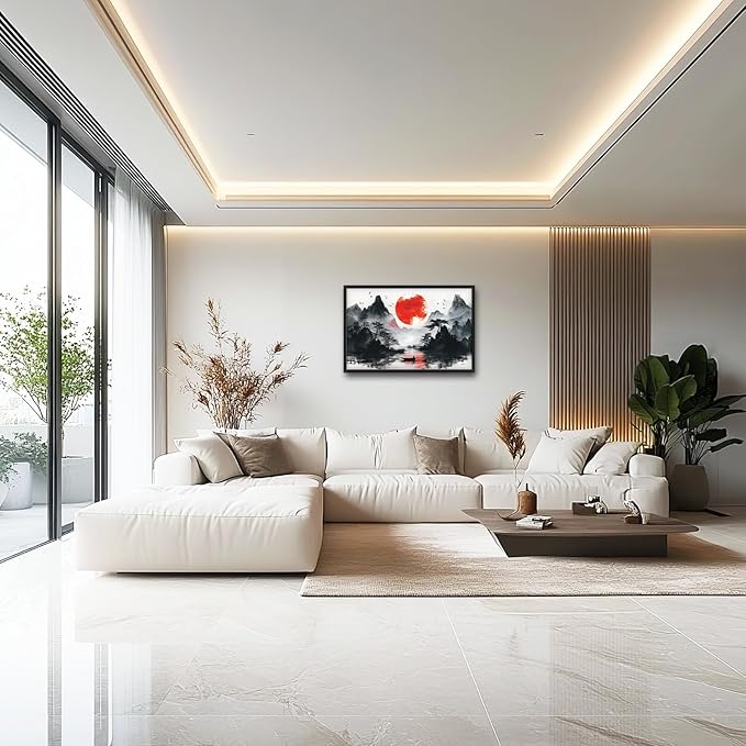 Framed Large Japanese Mountain Wall Art for Living Room, Oversized Asian Red Sun Lake Landscape Wall Decor Nature Canvas Painting Home Decoration for Living Room Bedroom Office 36"x24"-PawvioPets