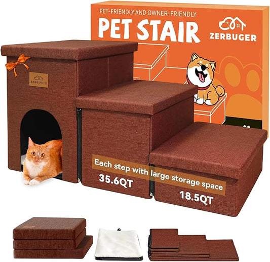 Dog Stairs with Condo 18" H, 3-Step Wider Dog Steps for High Beds Couch, Folding Storage Pet Stairs Gift for Small/Medium/Large Old Dogs Cats, Ramp for Climbing Car Up to 200 lbs, Brown-PawvioPets