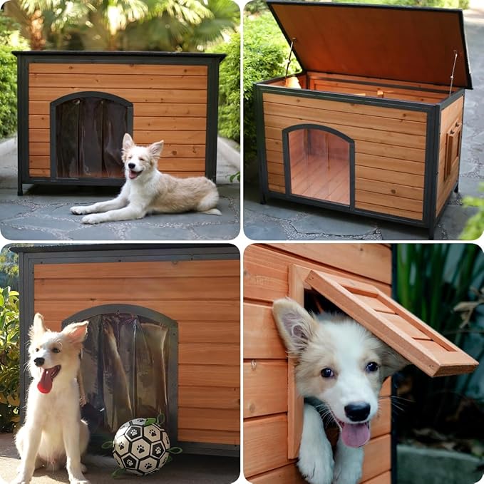 Dog House Outdoor Weatherproof 34.3" L Chew Proof Outside Dog Kennel for Small Medium Dogs with Strong Metal Chew Proof Frame Raised Design-PawvioPets