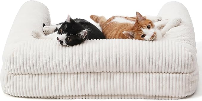 FUKUMARU Dog Couch Bed, Corduroy Cozy Cat Bed for Indoor Cats with Washable Cover, Supportive Waterproof Dog Beds Sofa for Small Dogs and Large Cats Cute, 28inch, Medium, Cream-PawvioPets