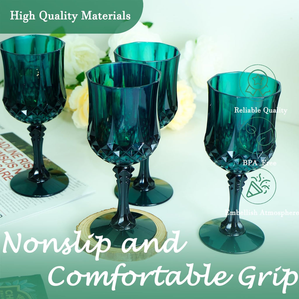Plastic Wine Glasses，Plastic Goblets Vintage Style Cordial Drinking Glasses for Wedding Reception, Christmas Grand Event Party Supplies (12, Green)