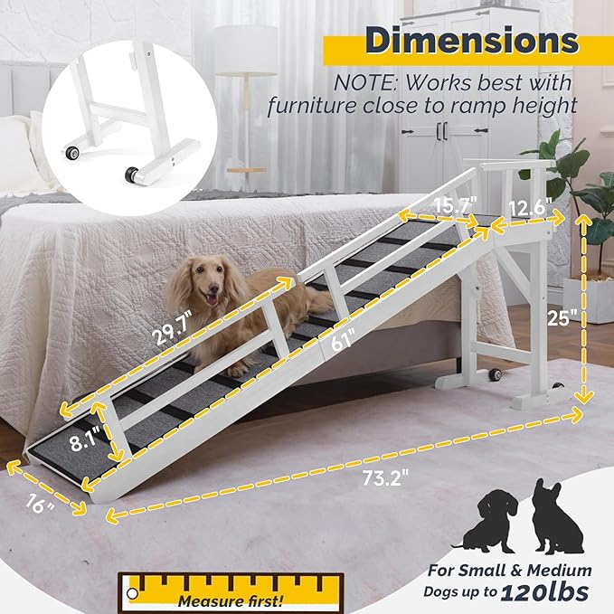 Dog Ramp for Bed or Couch, Wooden Pet Ramp with 20° Gentle Slope, Removable Side Rails, Non-Slip Surface, Top Platform & Wheels, Safe Bed Ramp for Small, Medium & Senior Dogs, 74" Long, White-PawvioPets