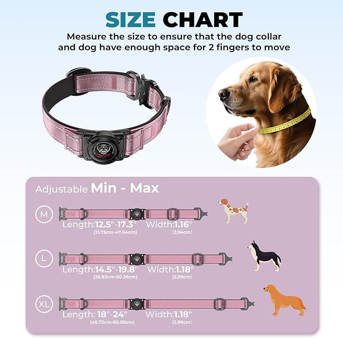 2025 Upgrade Airtag Dog Collar, Reflective Dog Collar with Airtag Holder, IP68 Waterproof| Metal Buckle| Ultra-Durable| Comfortable Padded, GPS Dog Collars for Medium Large Dogs (Pink,L)-PawvioPets