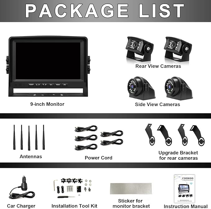 Fookoo HD 1080P 9" Wireless Backup Camera System, 9-inch Quad Split Screen Monitor w/Recording, IP69 Waterproof Side View Rear View Cameras, Digital Signal, Parking Lines for RV/Truck/Trailer (DW9T4)-PawvioPets