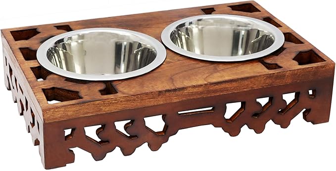 Elevated Pet Feeder for Dogs and Cats - Hand Carved Wood Bones Raised Dog Bowl Stand - Pet Feeding Stand with Two Steel Bowls - Raised Dog Bowl for Food Water - Pet Feeding Station -17x11x4- IRONGATE-PawvioPets