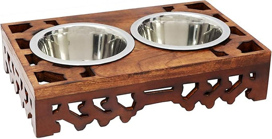 Elevated Pet Feeder for Dogs and Cats - Hand Carved Wood Bones Raised Dog Bowl Stand - Pet Feeding Stand with Two Steel Bowls - Raised Dog Bowl for Food Water - Pet Feeding Station -17x11x4- IRONGATE-PawvioPets