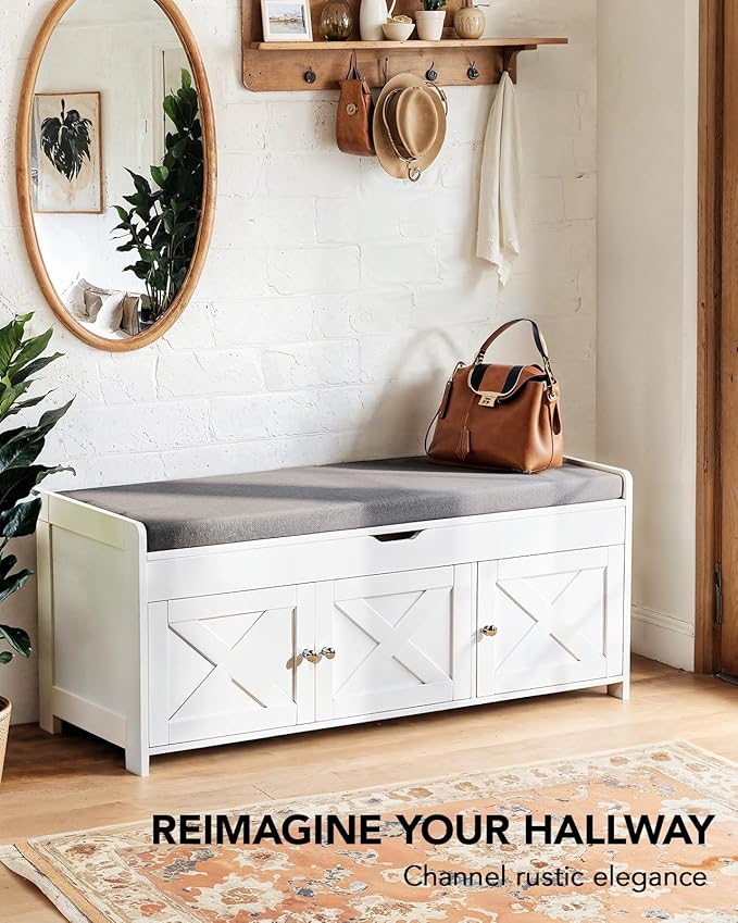 Amada Shoe Storage Bench, Entryway Bench with Cushioned Seat & Lift Top Storage, 3 Doors, Adjustable Shelf, 300 lbs Capacity, Bench with Shoe Rack for Entryway, Bedroom, Living Room, White-PawvioPets