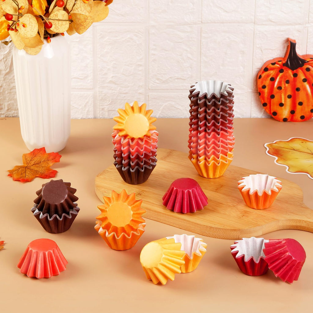 Quera 300Pcs Fall Grease-Resistant Mini Cupcake Liners Yellow Orange Wedding Muffin Baking Cups Baby Shower Cupcake Wrappers for Wedding Birthday Holiday Party or Baby Shower(1.18 x 1.18 in)
