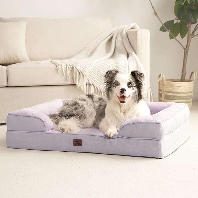 EHEYCIGA Orthopedic Dog Beds Large Sized Dog, Waterproof Memory Foam Pet Bed with Sides, Non-Slip Bottom Large Pet Bed with Washable Removable Cover, Lilac-PawvioPets
