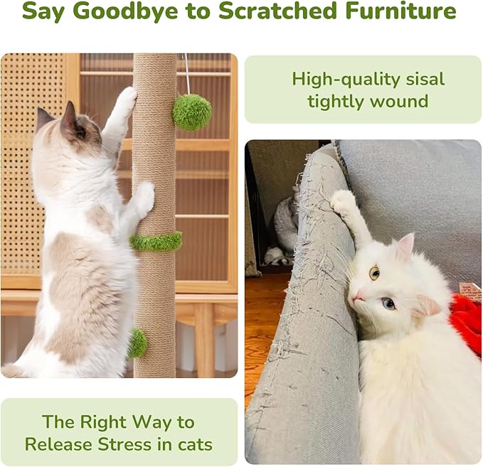 33" Tall Cat Scratching Post for Indoor Cats, Premium Sisal Scratch Posts with Cat Toys and Fun Mouse Holer for Cats at All Ages, Scratcher Tree with Reinforced Stable Base (Green)-PawvioPets