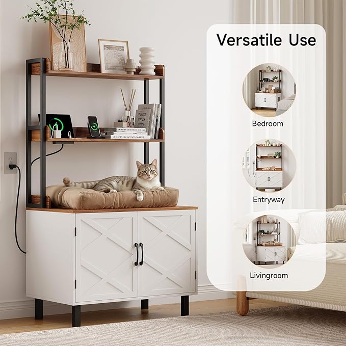 55 Inches Cat Litter Box Enclosure, Hidden Litter Box Furniture with 2 Storage Shelves and Charging Sockets, Wooden Cat House, Large Indoor Cabinet for Living Room & Entryway, White-PawvioPets