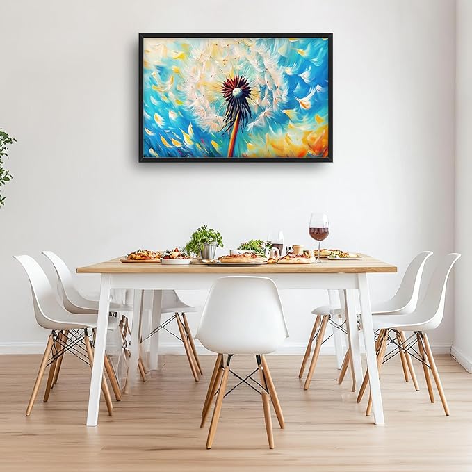 Extra Large Abstract Dandelion Framed Wall Art for Living Room,Oversized Colorful Dandelion Flower Pictures Wall Decor,Blue Canvas Print Painting Modern Artwork Bedroom Office Bathroom 36L" x 24W"-PawvioPets